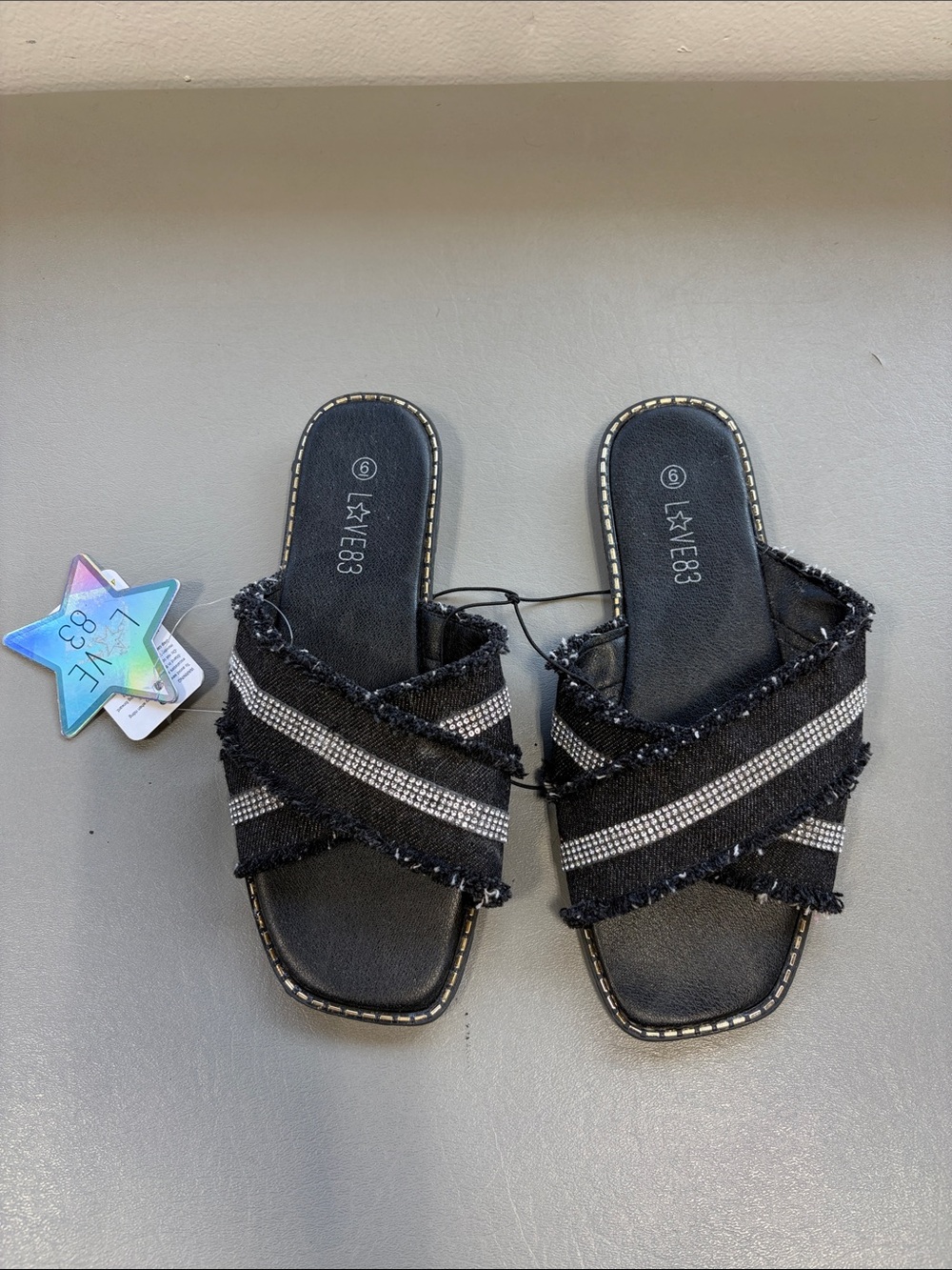 NWT Love83 Black Slide Sandals with Silver Rhinestones